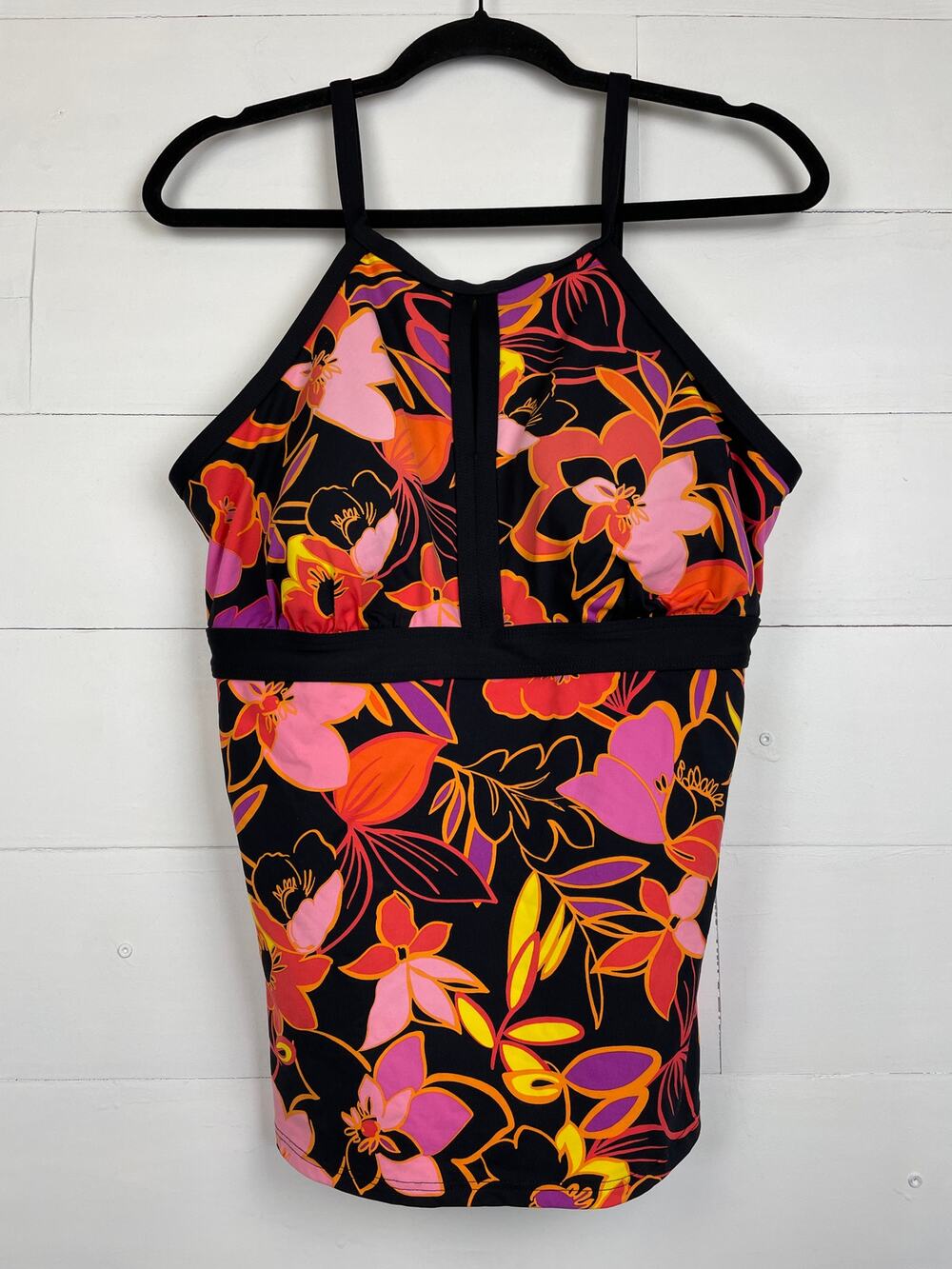 Lands' End Tropical Floral High Neck Tankini Top Swimsuit Built-in Bra Size 14
